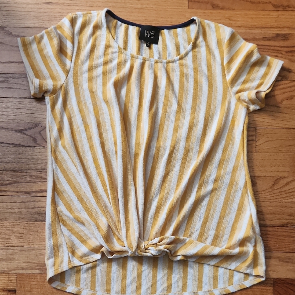 EUC Womens W5 Yellow & White Striped Women's Short Sleeve Front Twist Top Medium